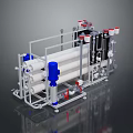 Industrial Water Treatment System With Cylindrical Filters Pipes Valves And Metal Frame