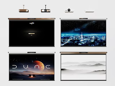Projection Monitoring System With Multiple Screens Displaying City Night Dune And Mountain Scenes 3d model