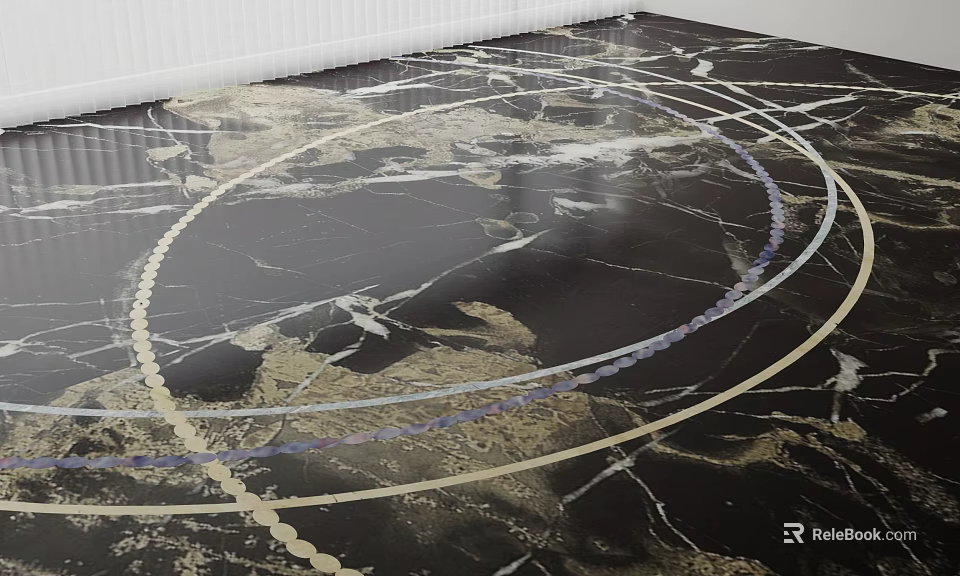 Black Marble Floor Tiles With Circular Decorative Patterns And Gold Blue Lines 3d model 