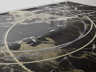 Black Marble Floor Tiles With Circular Decorative Patterns And Gold Blue Lines 3d model