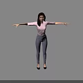 3D Female Character Wearing Pink Shirt and Blue Pants with Arms Outstretched on Black Background