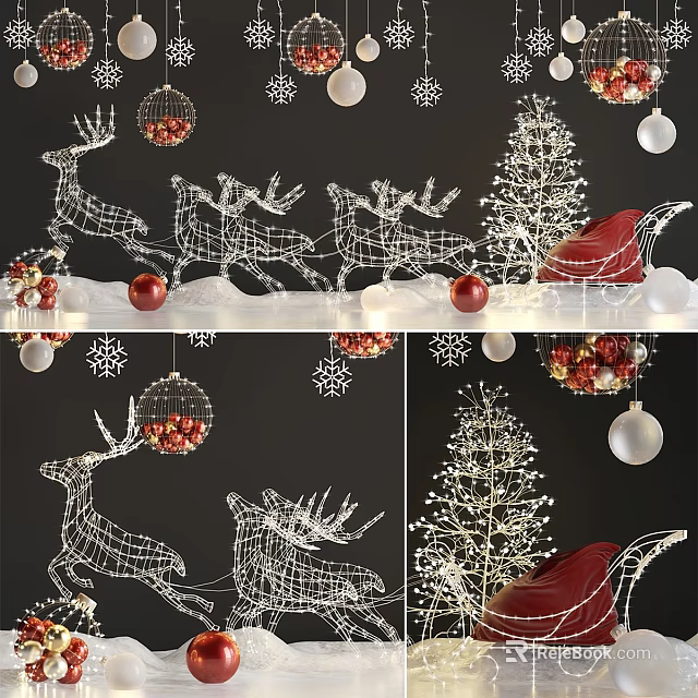 Christmas Decorative Lights with Reindeer Shapes Christmas Tree and Snowflakes Baubles 3d model 