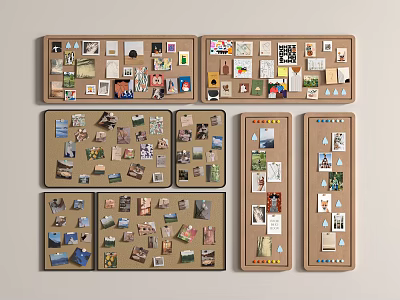Creative Corkboard Photo Wall With Various Layouts Decorated With Photos Cards And Notes 3d model