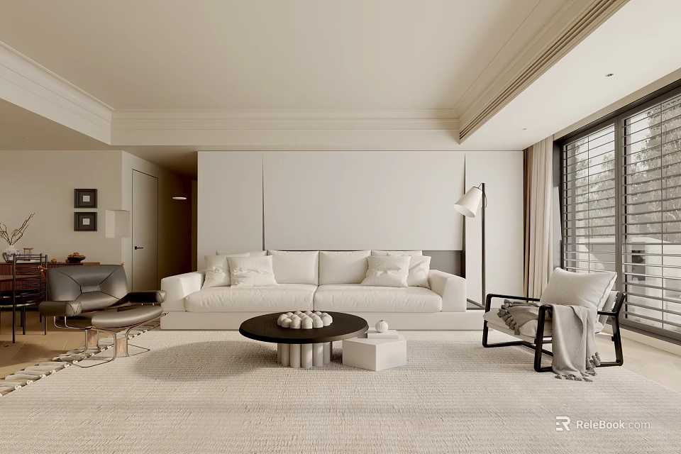 Modern Living Room With White Sofa Round Coffee Table Floor Lamp And Armchair 3d model 