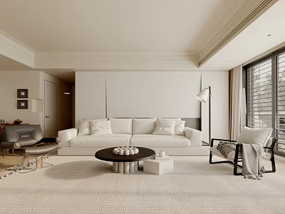 Modern Living Room With White Sofa Round Coffee Table Floor Lamp And Armchair 3d model
