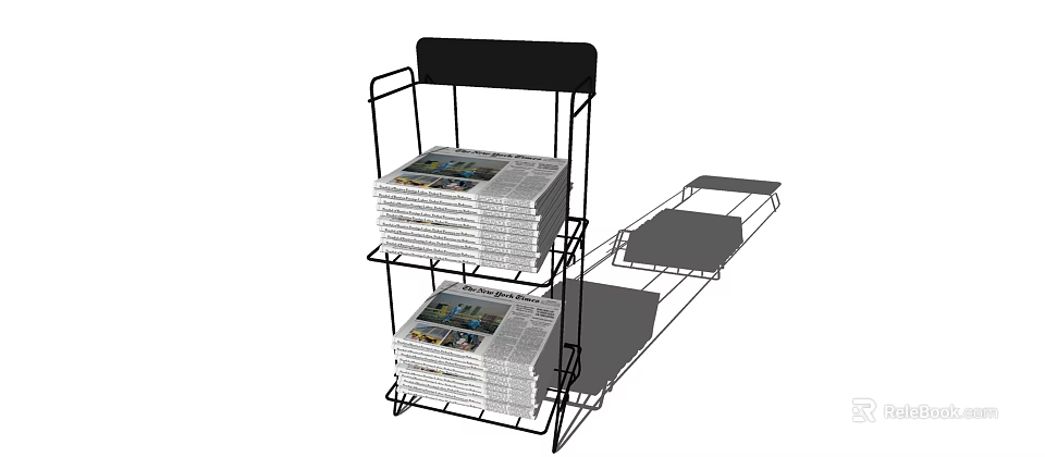 Metal Display Rack With Two Tier Shelves For Newspapers And Black Top 3d model 