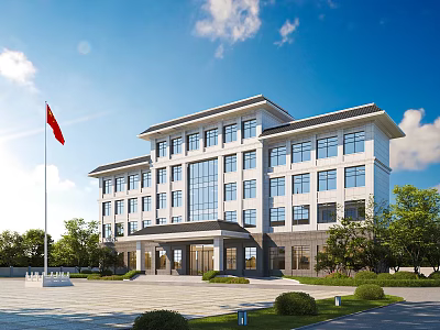Modern Residential Building Exterior Design With White Facade Red Flag Plaza And Landscaped Gardens 3d model