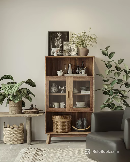 Rustic Wooden Storage Cabinet With Glass Doors And Decorative Plants 3d model 