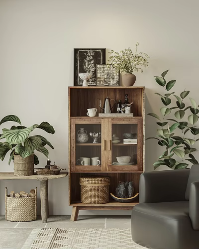Rustic Wooden Storage Cabinet With Glass Doors And Decorative Plants 3d model