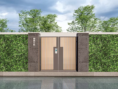 Modern Wooden Entrance Gate With Vertical Striped Design Stone Pillars And Green Hedge Walls 3d model