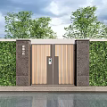 Modern Wooden Entrance Gate With Vertical Striped Design Stone Pillars And Green Hedge Walls