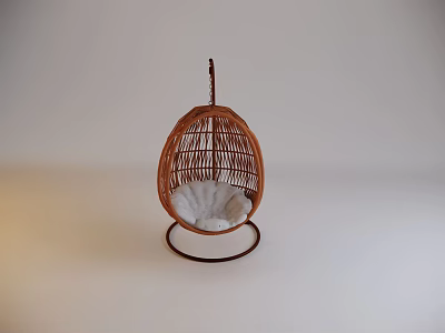 Rattan Hanging Chair With White Cushion And Metal Stand For Indoor Decor 3d model