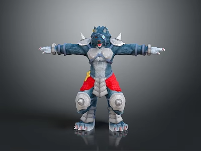 Mythical Creature Fantasy Character With Spiked Armor Blue Skin Red White Gear Arms Outstretched 3d model