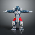 Mythical Creature Fantasy Character With Spiked Armor Blue Skin Red White Gear Arms Outstretched