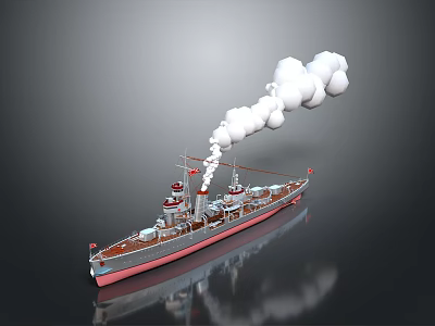 Vintage Battleship As Water Transport With Smoke Emitting Turrets And Red Bottom Reflection 3d model