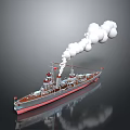 Vintage Battleship As Water Transport With Smoke Emitting Turrets And Red Bottom Reflection