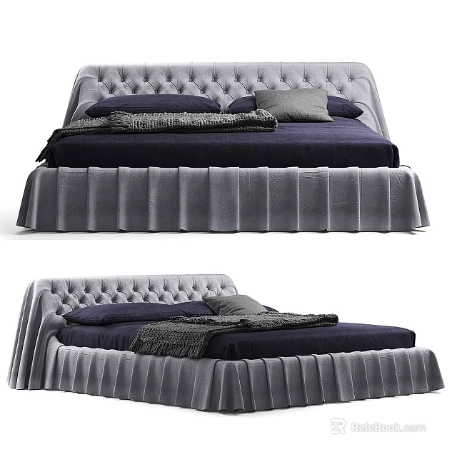 Modern Tufted Bed With Pleated Skirt And Navy Bedding 3d model 