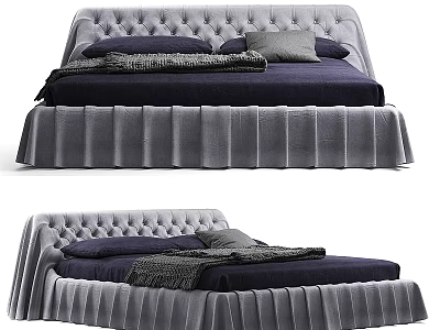 Modern Tufted Bed With Pleated Skirt And Navy Bedding 3d model