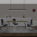 White Office Bookcase With Wooden Table Blue Chairs Hanging Lamp And Red Clock