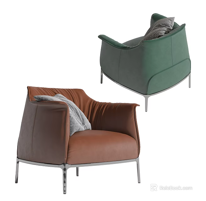 Modern Green Velvet And Brown Leather Armchairs With Cushion And Metal Legs 3d model 