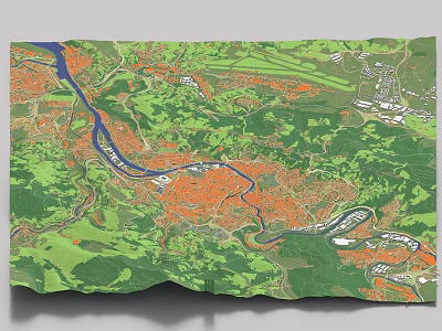 Decorative Map Ornament Set with Winding River Green Landscape and Orange Urban Regions 3d model
