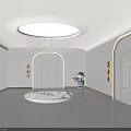 Modern Reception Area With White Curved Desk Streamlined Ceiling Lights And Reflective Floor 3d model