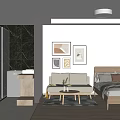Modern Apartment Interior Design With Bedroom Living Area Artwork Marble Wall And Wooden Flooring
