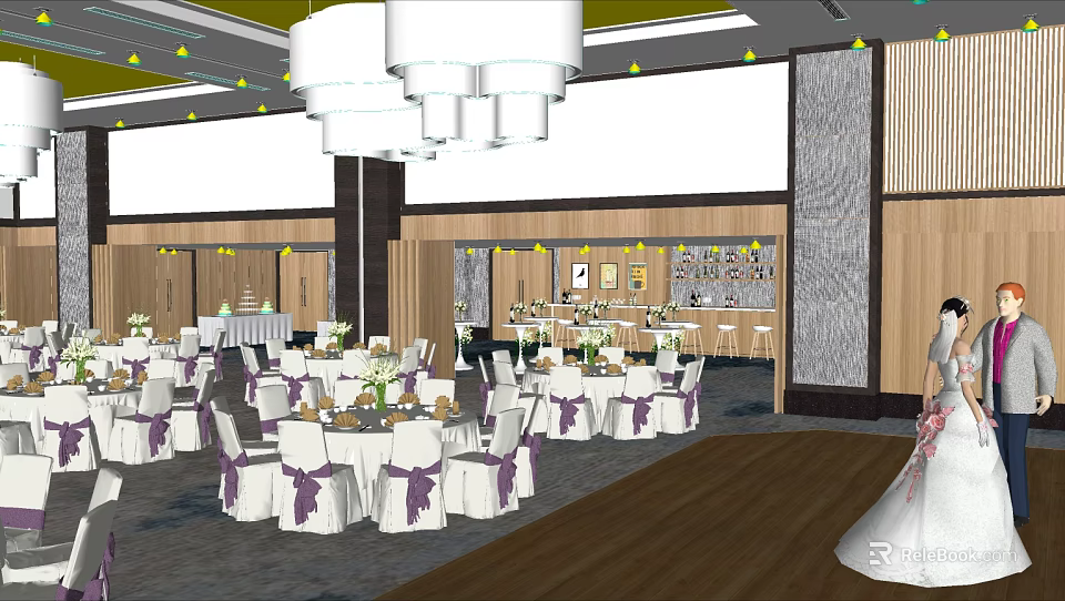 Elegant Banquet Hall With Round Tables White Tablecloths Purple Chair Sashes Chandeliers And Dance Floor 3d model 