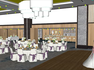 Elegant Banquet Hall With Round Tables White Tablecloths Purple Chair Sashes Chandeliers And Dance Floor 3d model