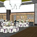 Elegant Banquet Hall With Round Tables White Tablecloths Purple Chair Sashes Chandeliers And Dance Floor