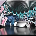 Modern Showroom Featuring Geometric Glass Decorations Black Ceiling Curved Reception Desk And Reflective Floor