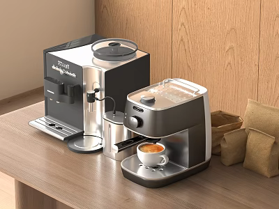 Modern Kitchen Appliances Including Espresso Machine With Coffee Cup And Bean Bags On Wooden Countertop 3d model