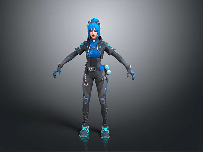 Futuristic 3D Character With Blue Hair Black And Blue Outfit And Glowing Gear 3d model