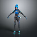 Futuristic 3D Character With Blue Hair Black And Blue Outfit And Glowing Gear