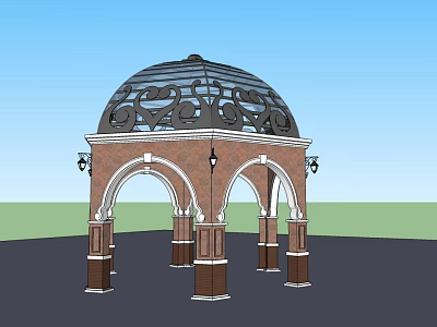 Ornate Dome Pavilion With Brick Columns Arched Openings And Decorative Ironwork 3d model