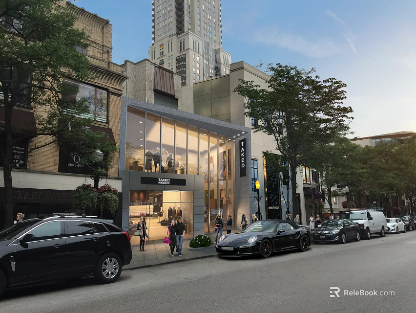 Modern Full View Glass Fashion Store Showcases Along Vibrant Downtown Commercial Shopping Street 3d model 