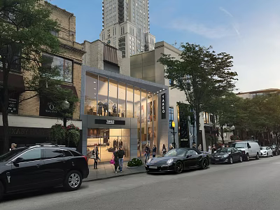 Modern Full View Glass Fashion Store Showcases Along Vibrant Downtown Commercial Shopping Street 3d model