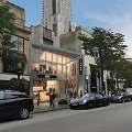 Modern Full View Glass Fashion Store Showcases Along Vibrant Downtown Commercial Shopping Street