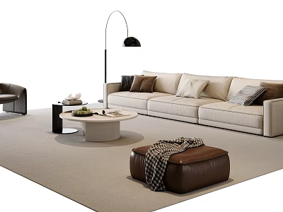 Modern Beige Sofa With Multiple Cushions Round Coffee Table Set And Floor Lamp Ottoman 3d model
