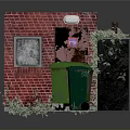 Urban Brick Building Exterior With Red Wall Door Green Trash Bins Graffiti And Climbing Plants
