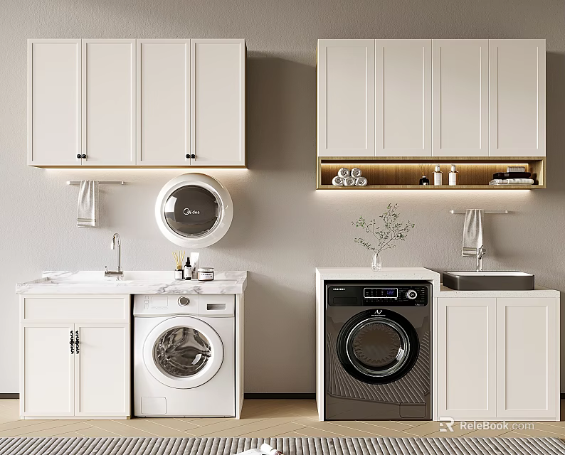 Modern Bathroom Cabinet Frame with Washing Machine Sink and Wall Storage Cabinets 3d model 