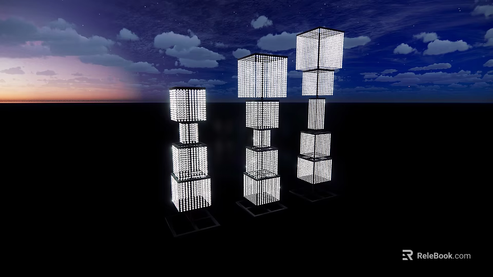 Commercial Equipment Grid Cube Stacked Tower With Lighting In Dusk Sky 3d model 