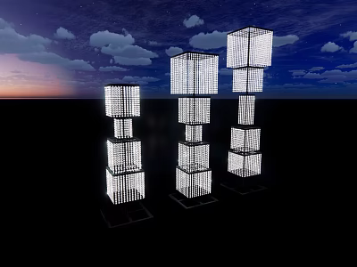 Commercial Equipment Grid Cube Stacked Tower With Lighting In Dusk Sky 3d model
