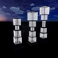 Commercial Equipment Grid Cube Stacked Tower With Lighting In Dusk Sky