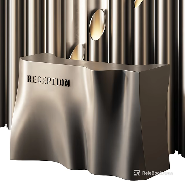 Modern Store Reception Desk Featuring Metallic Finish Sign Against Vertical Metallic Strips And Golden Lights 3d model 