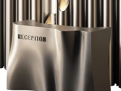 Modern Store Reception Desk Featuring Metallic Finish Sign Against Vertical Metallic Strips And Golden Lights 3d model