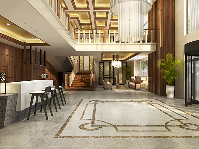 Elegant Hotel Lobby Interior With Reception Desk Staircase Chandelier Sofa Area And Decorative Floor 3d model