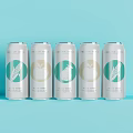 Refreshing Canned Drinks with Various Designs Including Corn Apple and Sheep on Light Blue Background