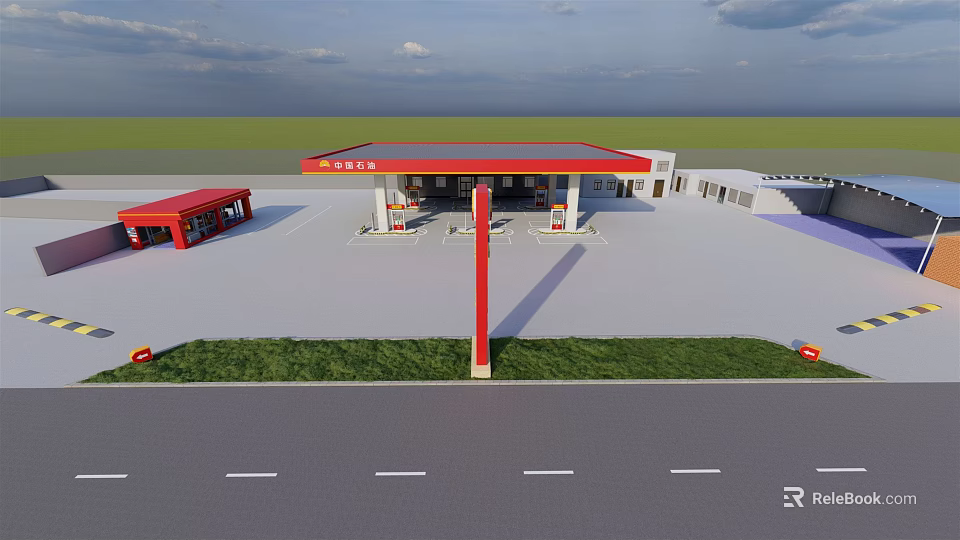 Modern Gas Station Exterior With Red Roof Canopies Fuel Pumps And Road 3d model 
