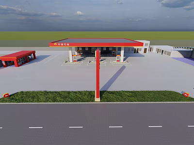 Modern Gas Station Exterior With Red Roof Canopies Fuel Pumps And Road 3d model